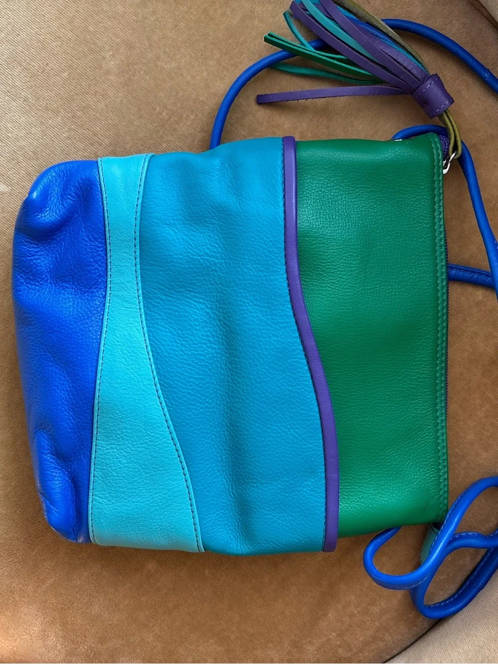 ILI NEW YORK colorful LEATHER crossbody bag POCKETS 80s colors! Blue teal purple - Picture 9 of 10